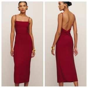 Reformation Breslin Metallic Knit Low Back Midi Dress in Red Sparkle
